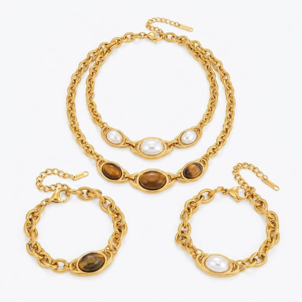 18K Gold Plated Tiger's Eye & Pearl Layering Jewelry Set - Gold Jewelry