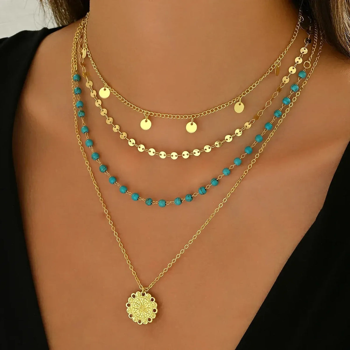 2026 New Cross-border European American Women Necklace, Geometric Flower Pendant Inlaid Turquoise Design Multi-layer Clavicle Chain Jewelry