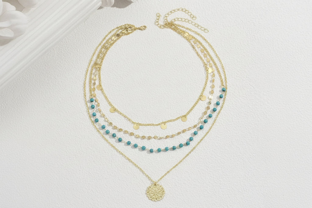 2026 New Cross-border European American Women Necklace, Geometric Flower Pendant Inlaid Turquoise Design Multi-layer Clavicle Chain Jewelry