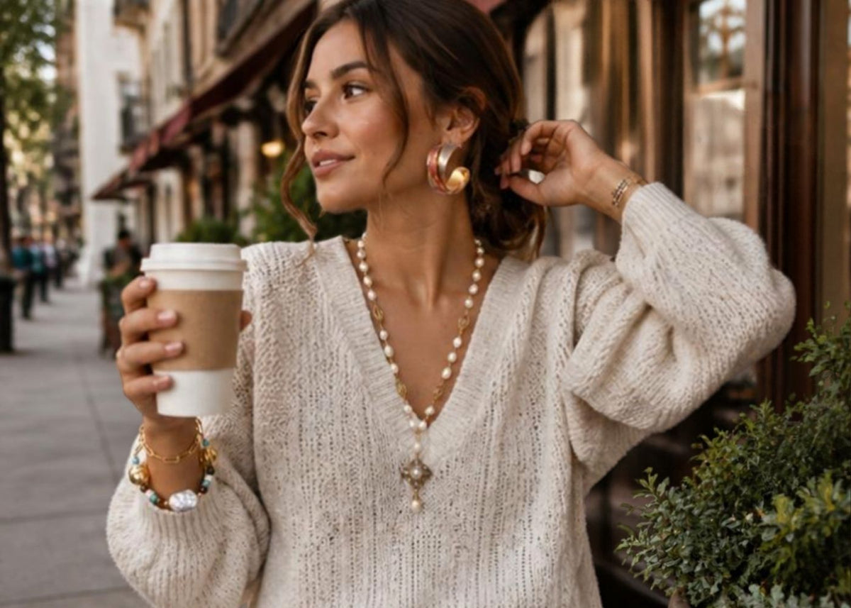 Mujer con café usando collar con dije, arracadas y pulsera dorada