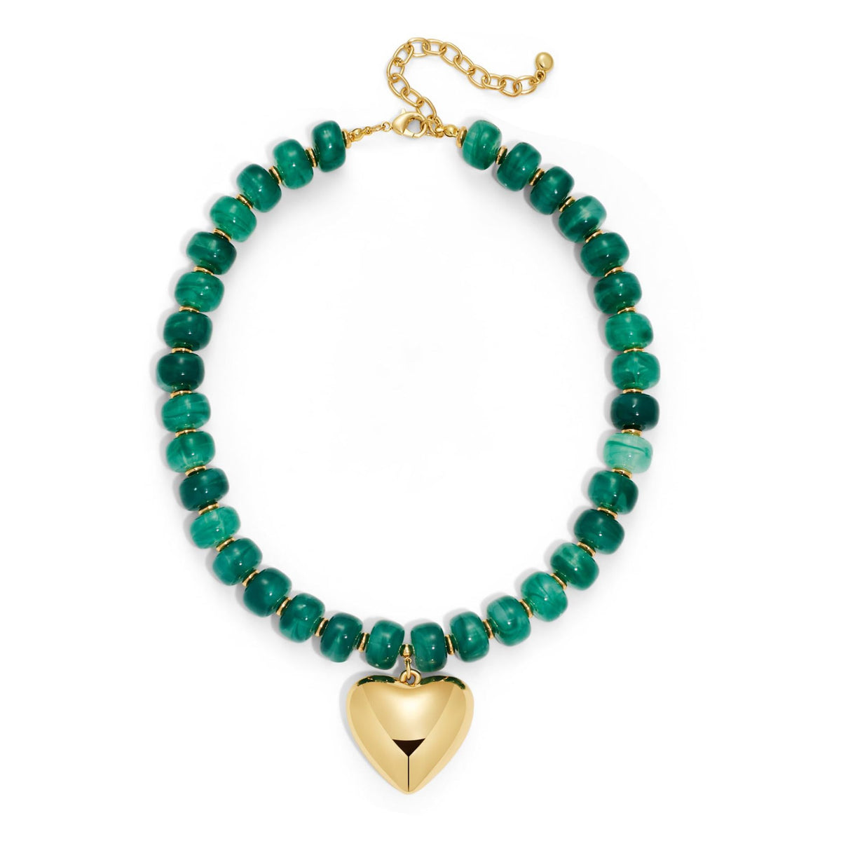 Gold heart pendant beaded statement necklace with acrylic and resin strand - view 3