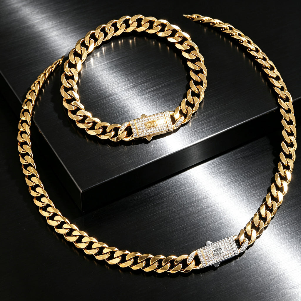 Unisex Cuban Link Gold Jewelry Set - Electroplated Gold Necklace, Silver Necklace & Bracelet