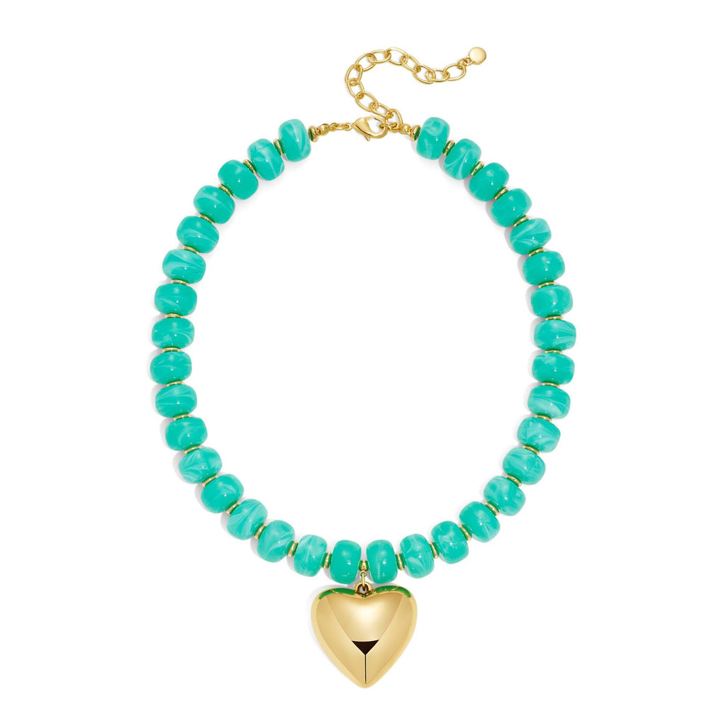 Gold heart pendant beaded statement necklace with acrylic and resin strand - view 6