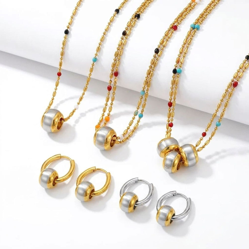 Brushed Stainless Steel Geometric Layered Necklace and Earrings Set for Women