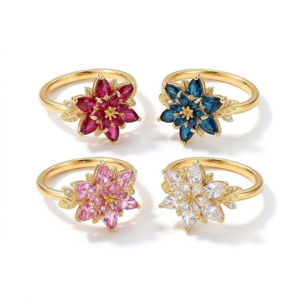 Copper Double-Layer Flower Open Ring with Zircon Stones — all variants