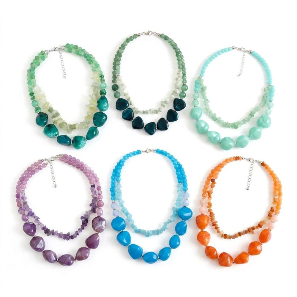 Double-Layer Resin Beaded Pendant Necklaces for Women - Vintage Geometric Collar Chain