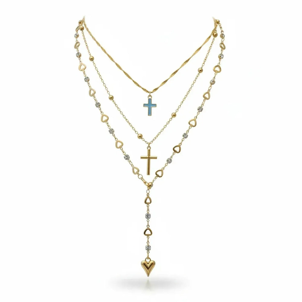 Layered Y-Shape Heart Pendant Necklace Set, Gold Tone 2-Piece Gold Chain