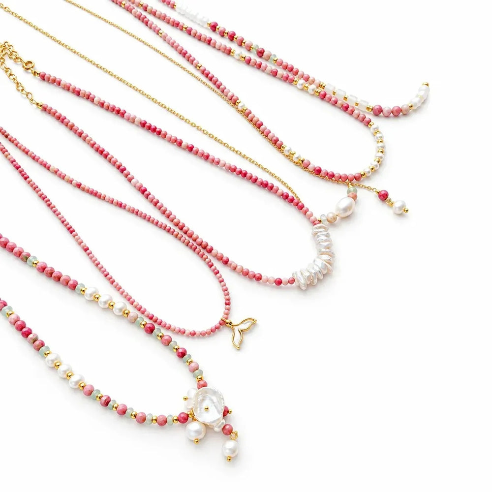 Natural Rhodochrosite & Freshwater Pearl Necklace for Women - Soft Pink Retro Handmade Choker & Jewelry