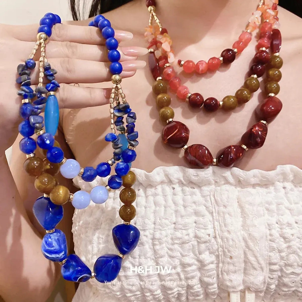 Resin Agate Beaded Collarbone Gold Necklace Women - Geometric Necklaces for Women
