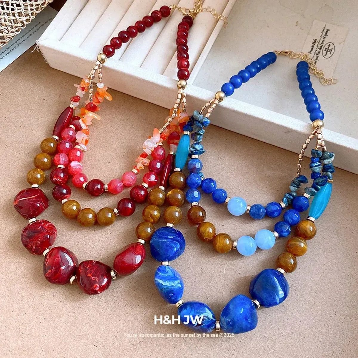 Resin Agate Beaded Collarbone Gold Necklace Women - Geometric Necklaces for Women
