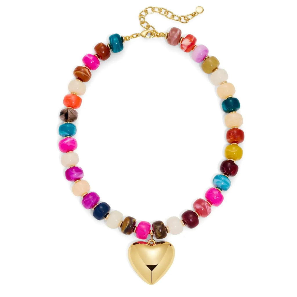 Gold heart pendant beaded statement necklace with acrylic and resin strand - view 9