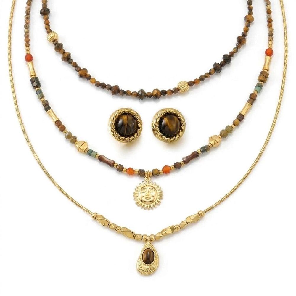 Tiger's Eye Gemstone Beaded Necklace Set with Sun Pendant and Gold Earrings — all variants