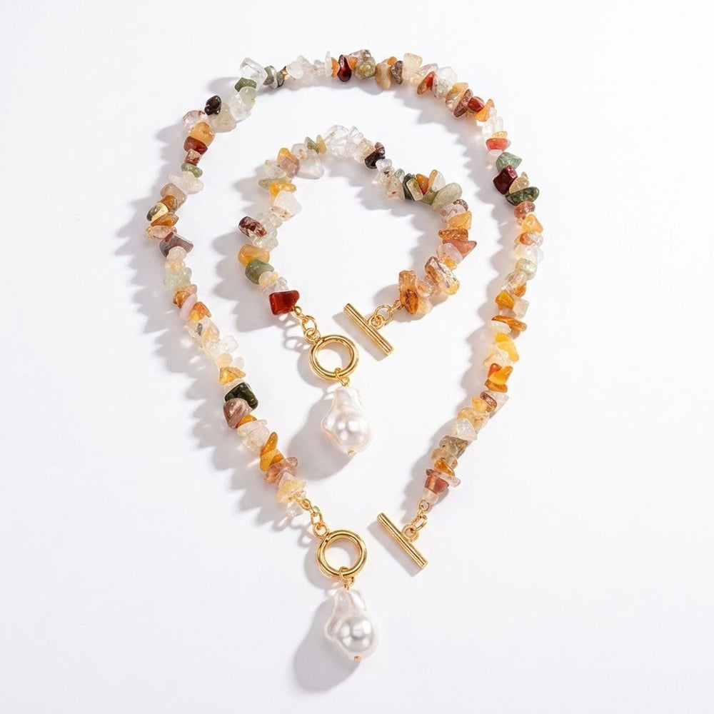 Turquoise Jewelry Set with Faux Pearl Accent - Beaded Necklace and Bracelet