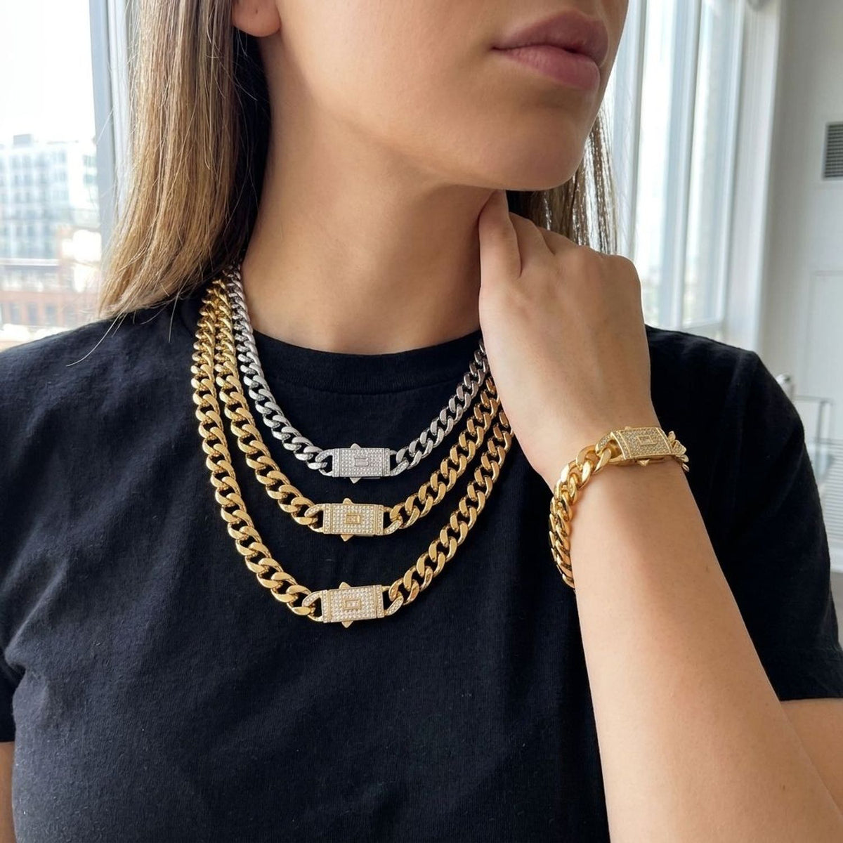 Unisex Cuban Link Gold Jewelry Set - Electroplated Gold Necklace, Silver Necklace & Bracelet