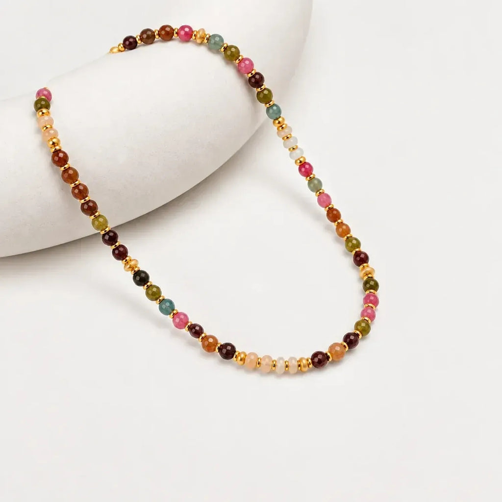 Vintage Natural Tourmaline Beaded Clavicle Necklace - Electroplated Gold Chain Gold Necklace Women