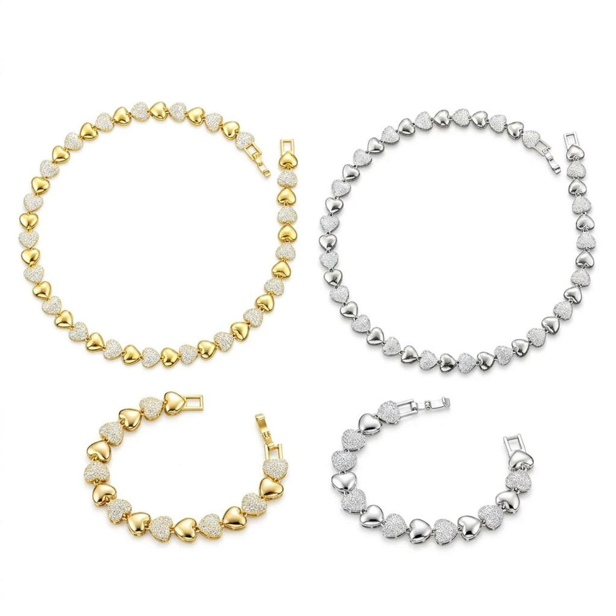 Women's Heart Patchwork CZ Jewelry Set - Gold & White Gold Plated Copper Necklace & Bracelet
