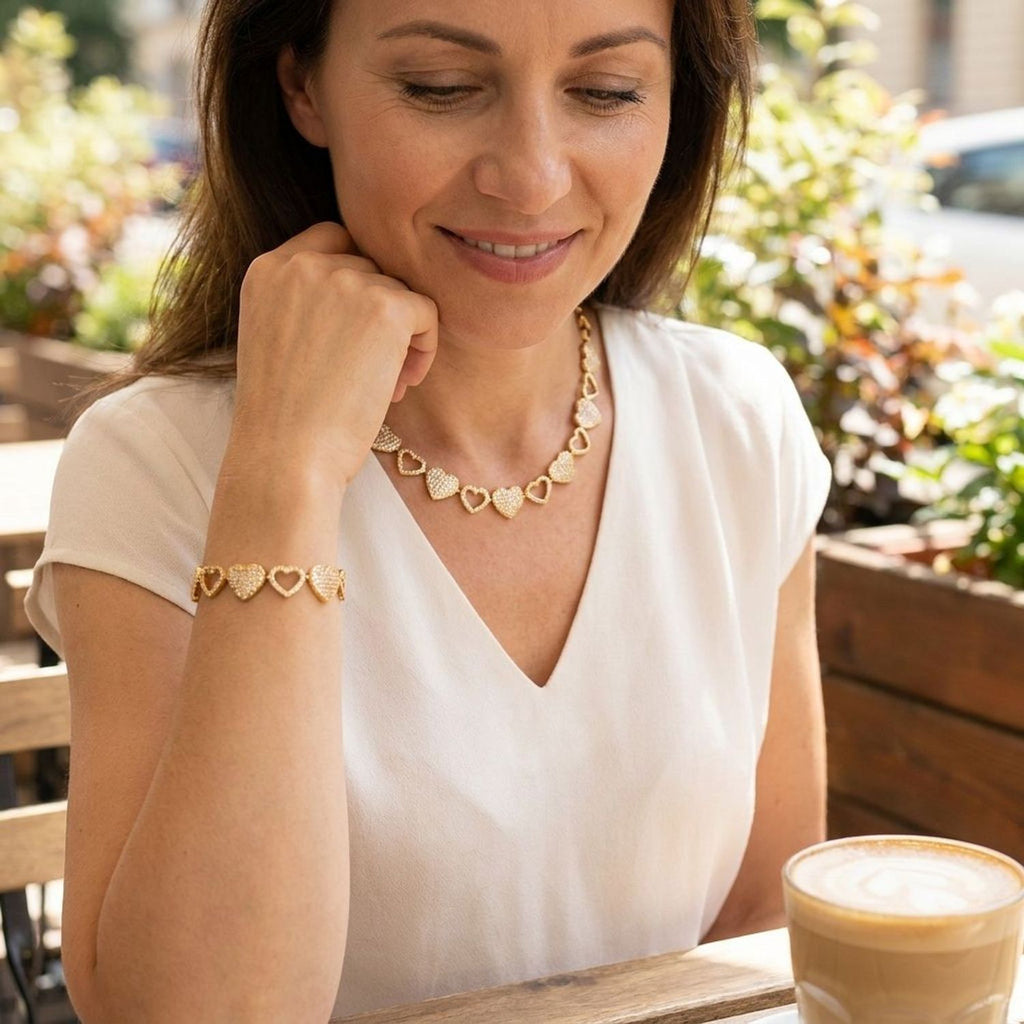 Women's Heart Patchwork CZ Jewelry Set - Gold & White Gold Plated Copper Necklace & Bracelet