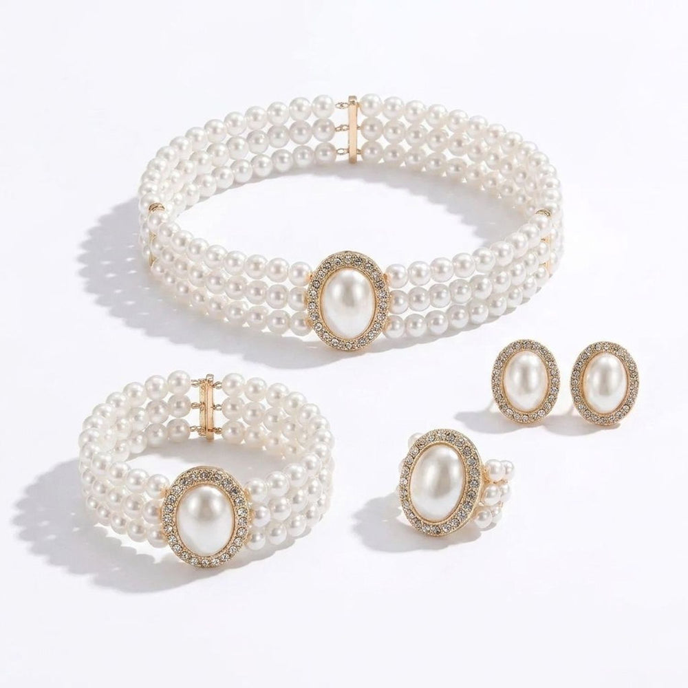 Women's Multi-Layer Jewelry Set with Faux Pearl & Cubic Zirconia Necklace, Bracelet & Earrings for Women
