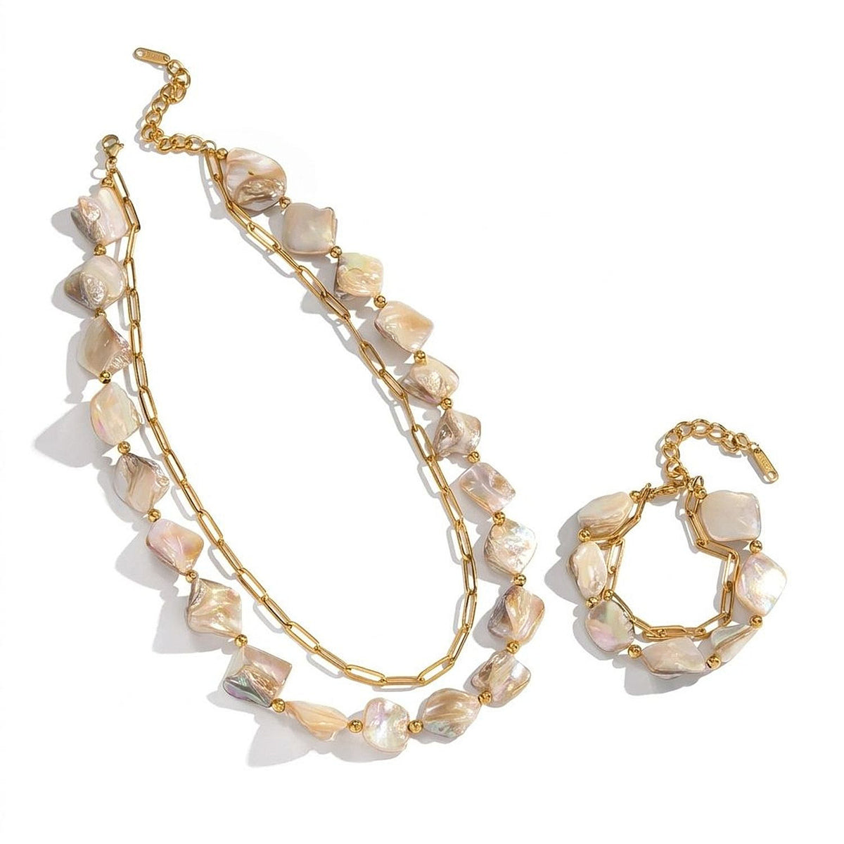 Women's Natural Shell Bead Double Layer Necklace and Bracelet Jewelry Set - Gold Plated Stainless Steel