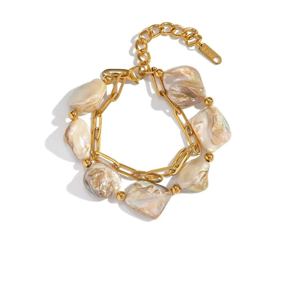 Women's Natural Shell Bead Double Layer Necklace and Bracelet Jewelry Set - Gold Plated Stainless Steel