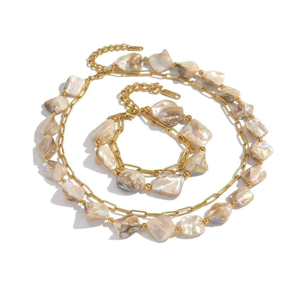 Women's Natural Shell Bead Double Layer Necklace and Bracelet Jewelry Set - Gold Plated Stainless Steel — all variants