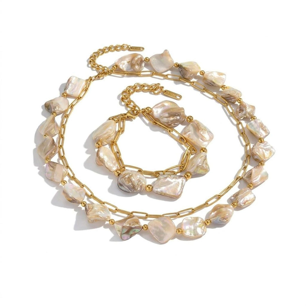 Women's Natural Shell Bead Double Layer Necklace and Bracelet Jewelry Set - Gold Plated Stainless Steel — all variants