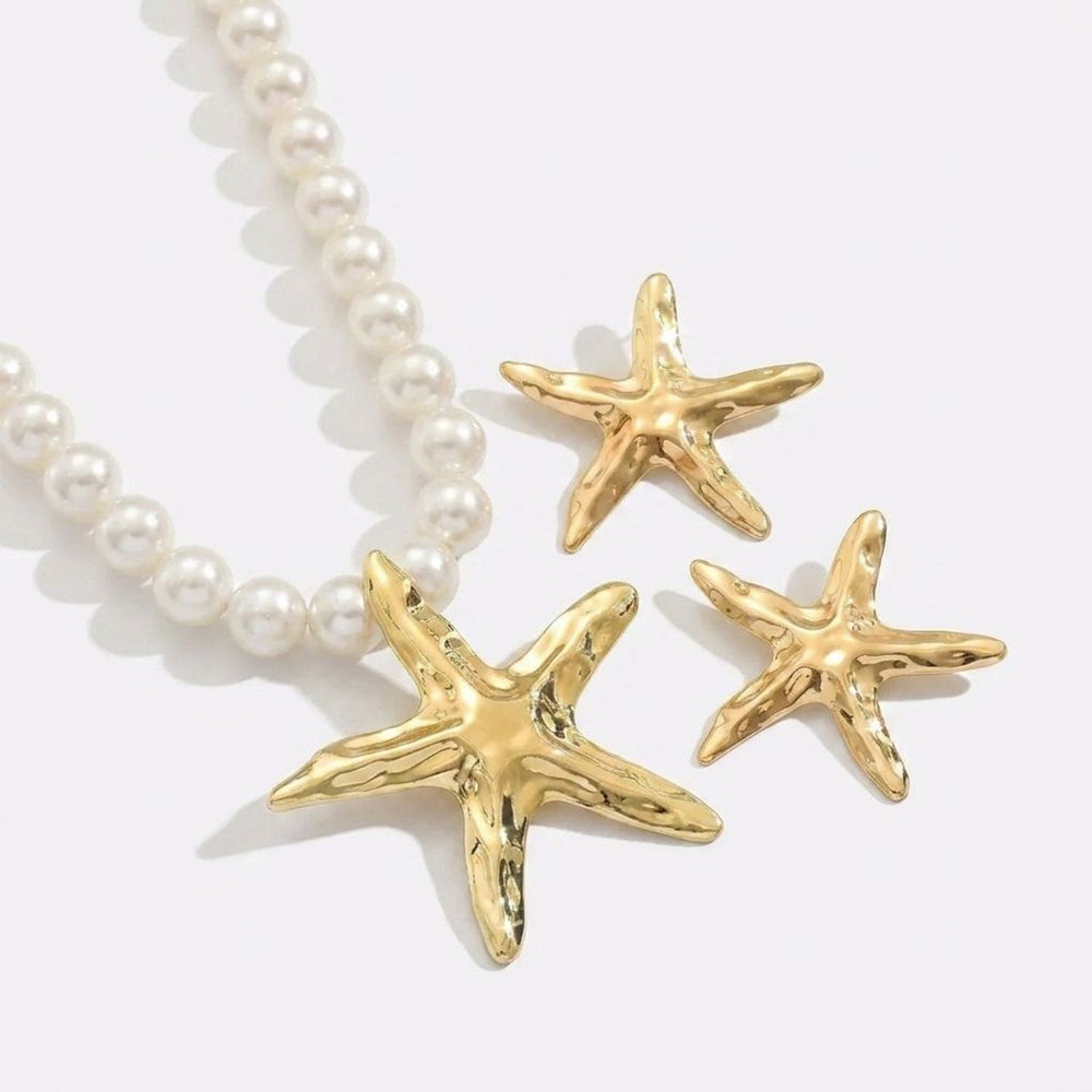Women's Starfish Faux Pearl Necklace & Drop Earrings Jewelry Set