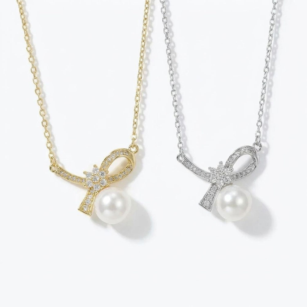 Zircon Bow Pearl Clavicle Necklace - Gold Necklace Women & Silver Chain